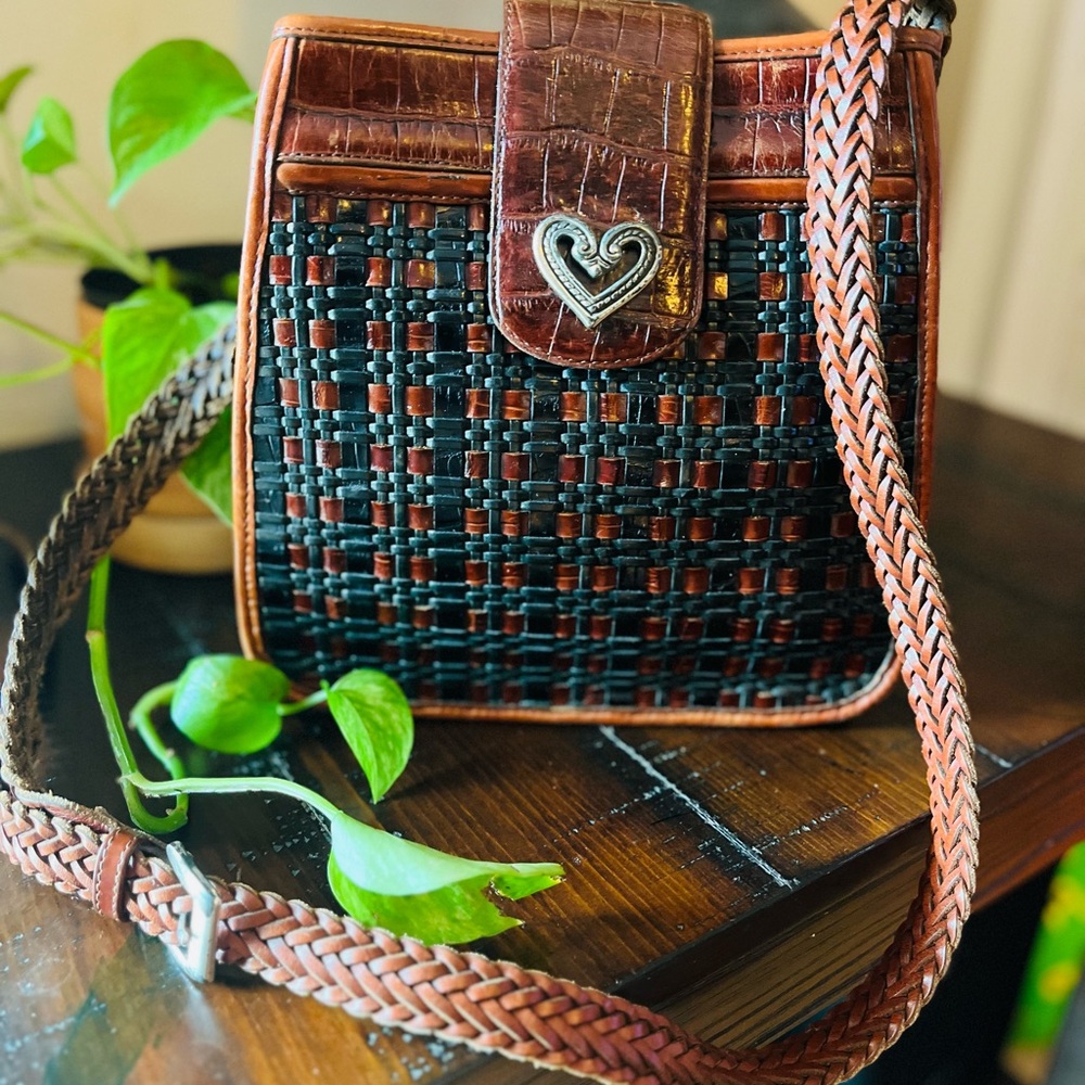 Brown and Black Woven Leather Crossbody Bag